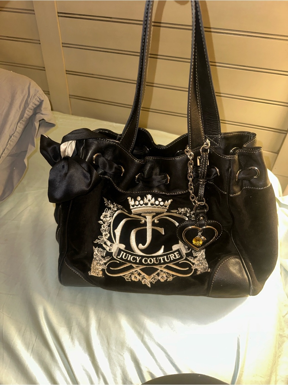 Juicy Couture Black Velvet Tote with Embroidered Crest and Charm